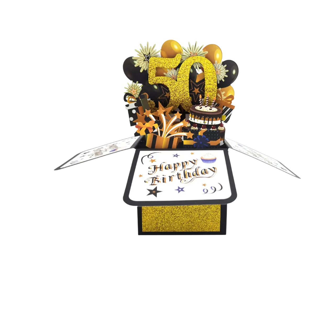 A glittery black and gold 3d 50th birthday pop up card with cake balloons fireworks and stars for celebration