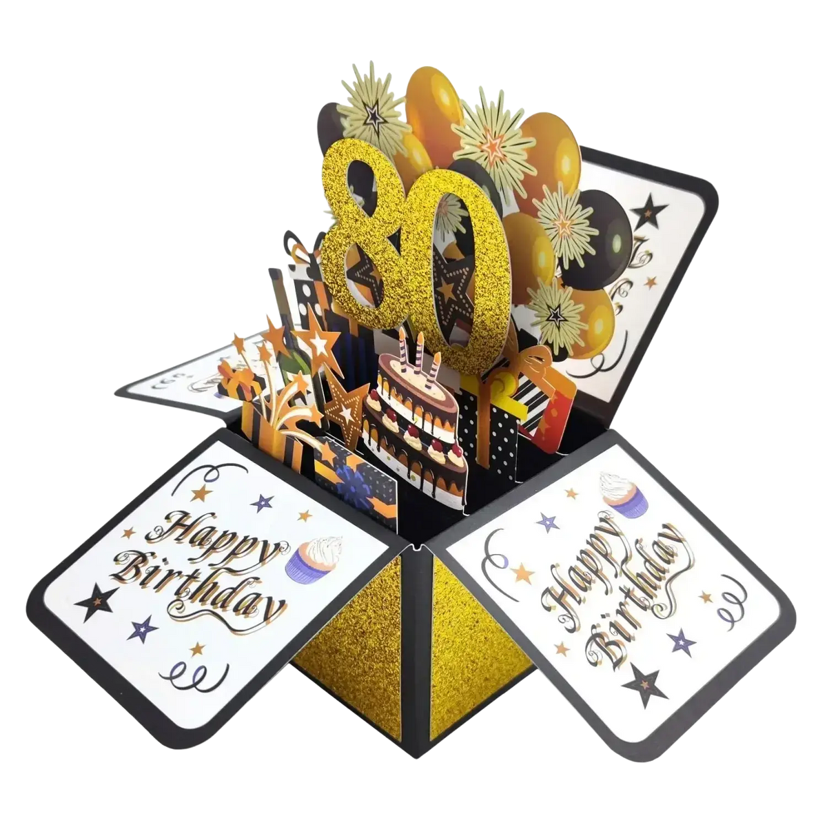 A glittery gold and black 3d pop-up birthday card featuring the number 80 balloons fireworks cake and happy birthday messages