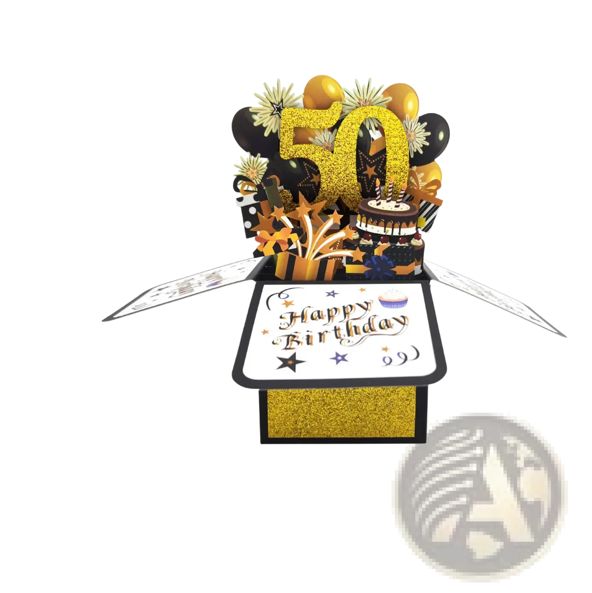 A glittery black and gold 3d 50th birthday pop up card with cake balloons fireworks and stars for celebration