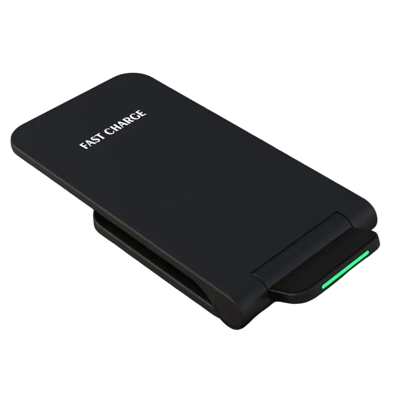 Black folding 30w fast wireless charger stand with type c charging and glowing green indicator light for wireless charging