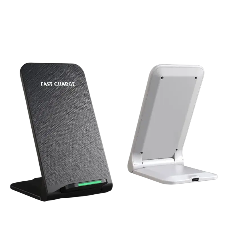 Black and white foldable wireless charger stand with textured surface and fast charge text featuring 30w type c charging