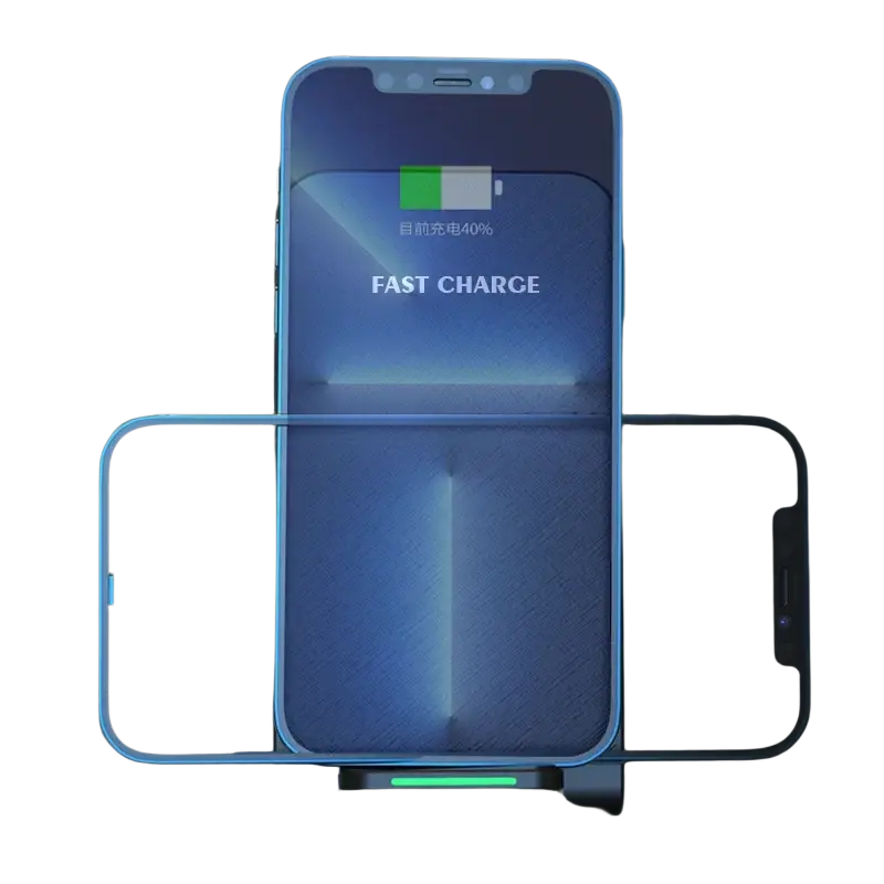 Blue smartphone with transparent screen protector showing fast charging indicator on display using type c wireless charger