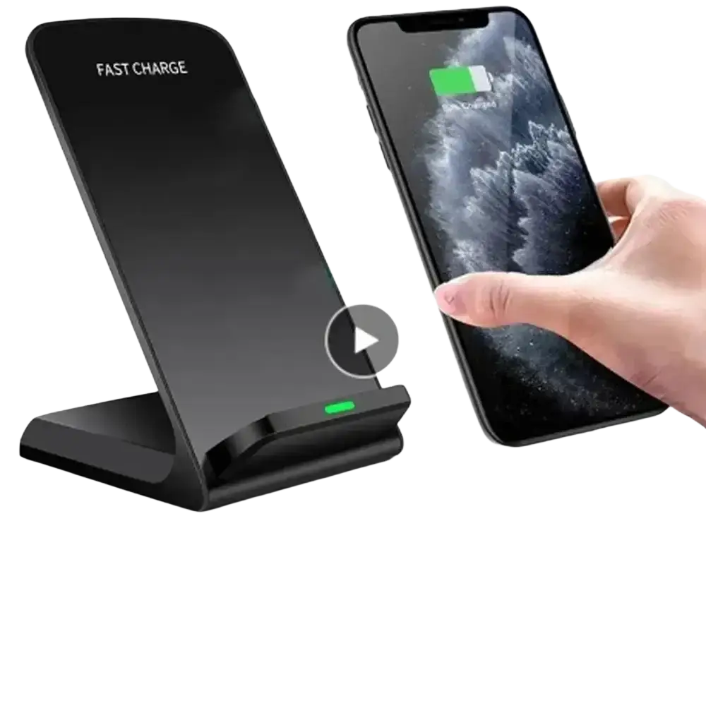 Black 30w fast wireless charger with type c charging features fast charge text and green indicator light for wireless charging