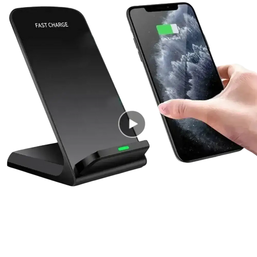 Black 30w fast wireless charger with type c charging features fast charge text and green indicator light for wireless charging