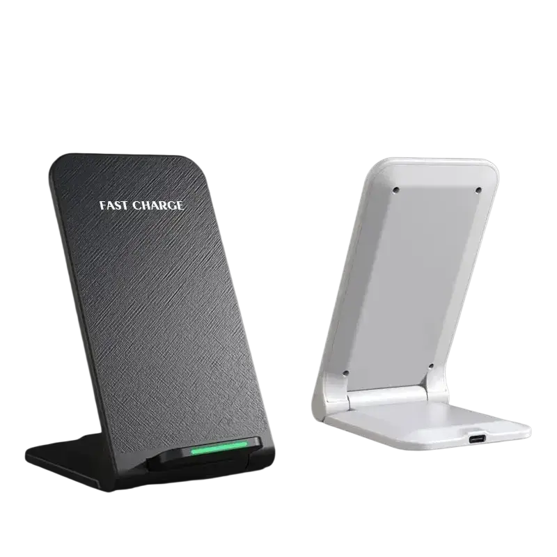 Black and white 30w fast wireless charger with textured surface featuring fast charge branding and type c charging port