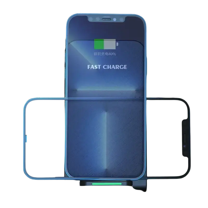 Blue 30w fast wireless charger with sleek design and glowing green indicator light supports type c charging and wireless charging