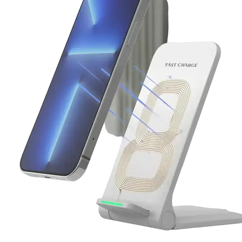 White 30w fast wireless charger with gold coil design and type c charging for efficient wireless charging