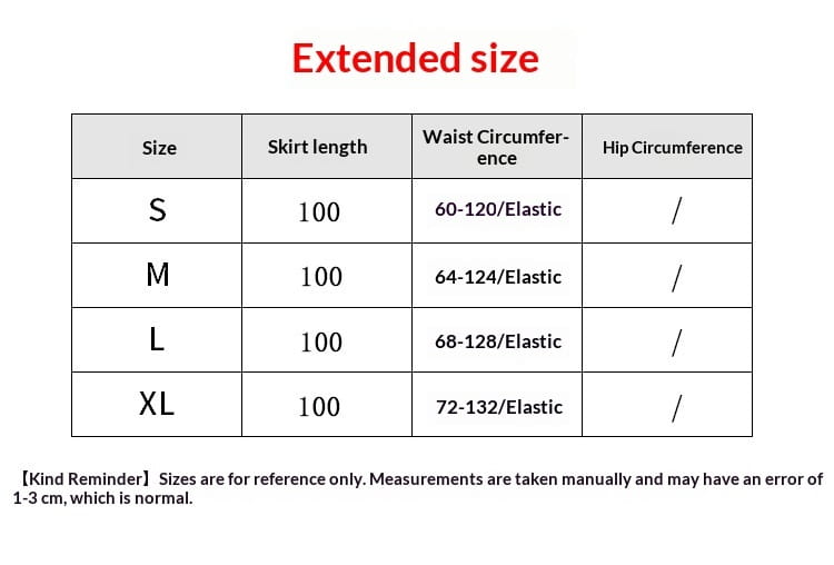 Die Tabelle zeigt Größenmaße einschließlich Taillen- und Hüftumfang für den plissierten Chiffon-Maxirock für Damen in den Größen S bis XL.