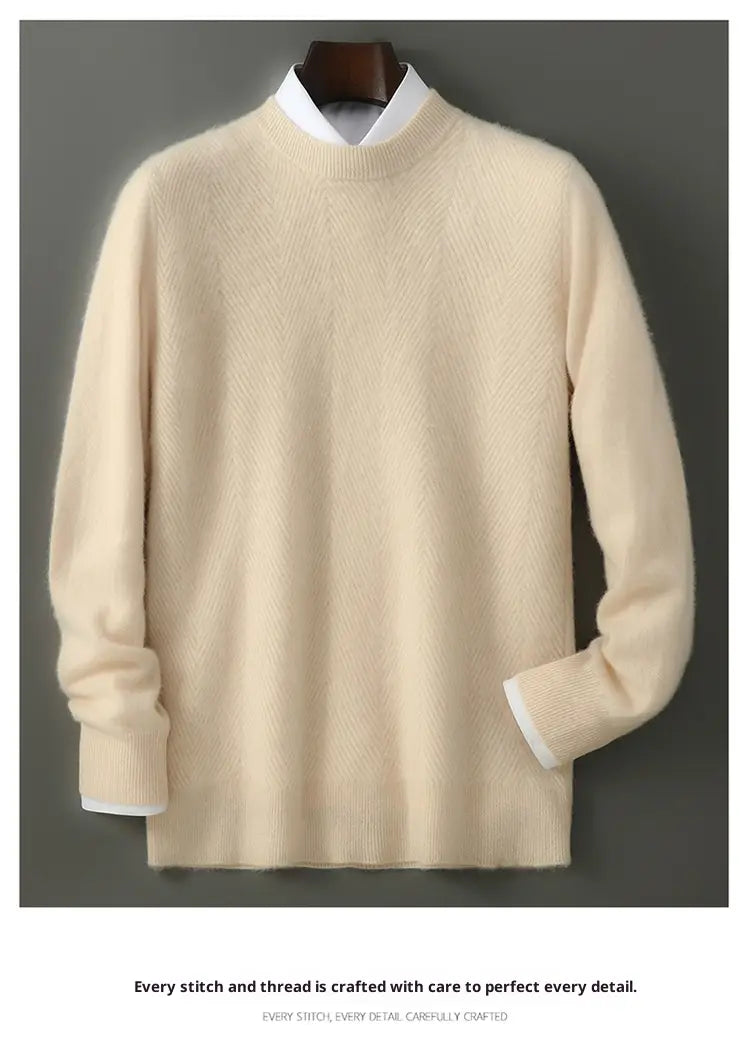 men’s cream-colored herringbone knit cashmere pullover sweater with long sleeves and ribbed crew neckline and cuffs