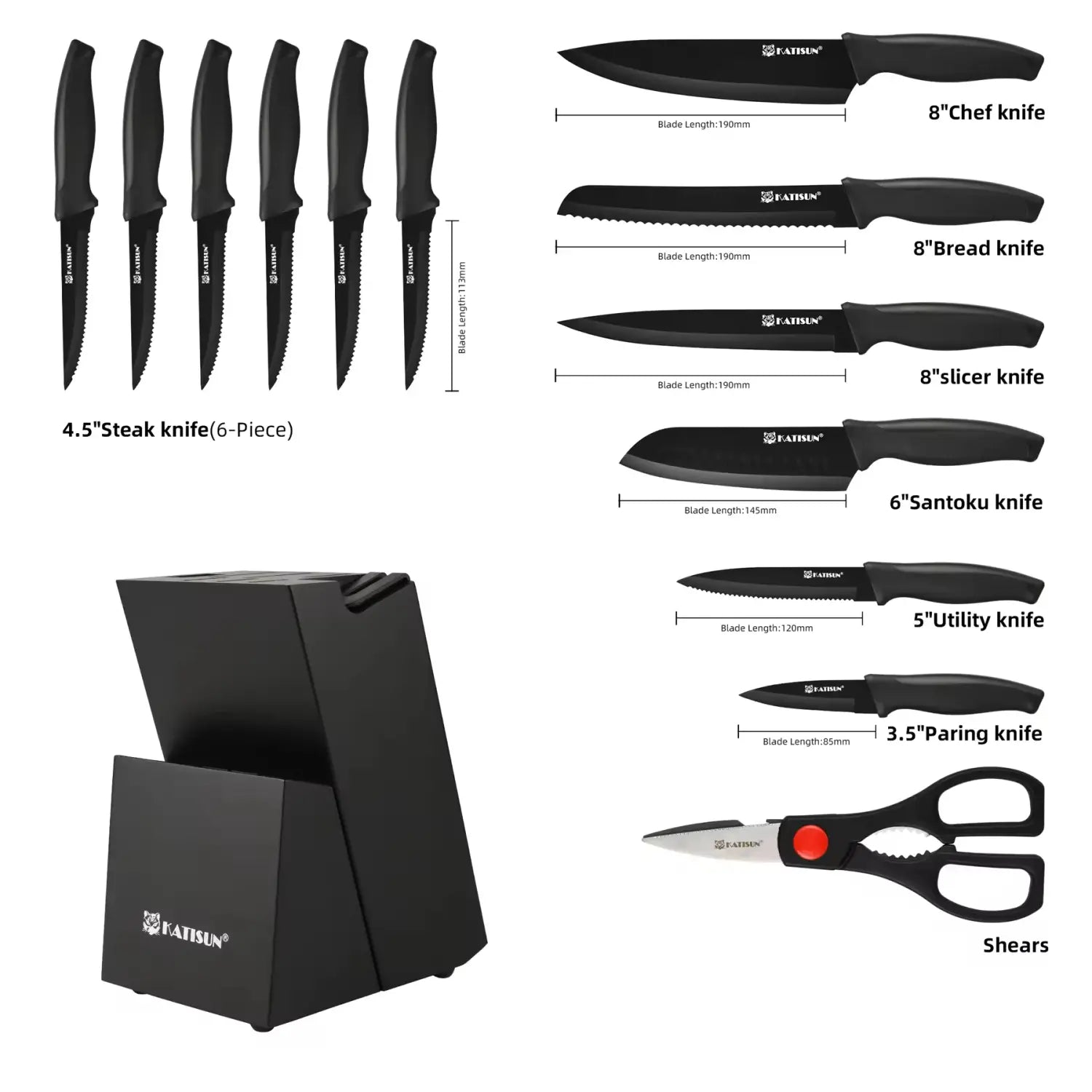 Ensemble de couteaux de cuisine noir Black Faisun, 15 pièces, en acier au carbone, avec bloc noir assorti et ciseaux rehaussés de rouge, comprenant un affûteur pour un usage polyvalent en cuisine.