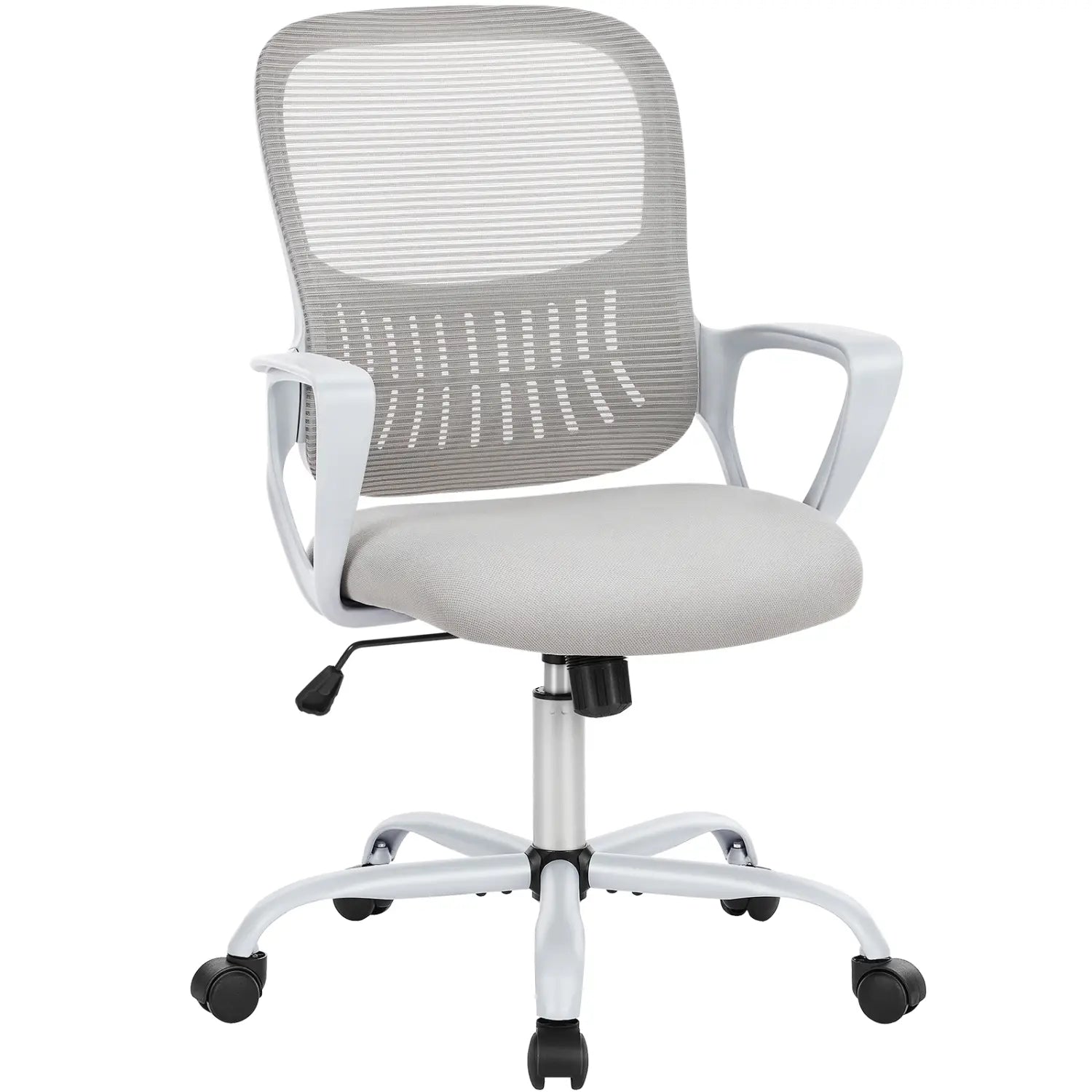 Chaise de dessin ergonomique à hauteur élevée, tabouret pour bureau debout, avec assise en maille grise, accoudoirs et piètement en plastique blanc, et roues à roulettes noires.