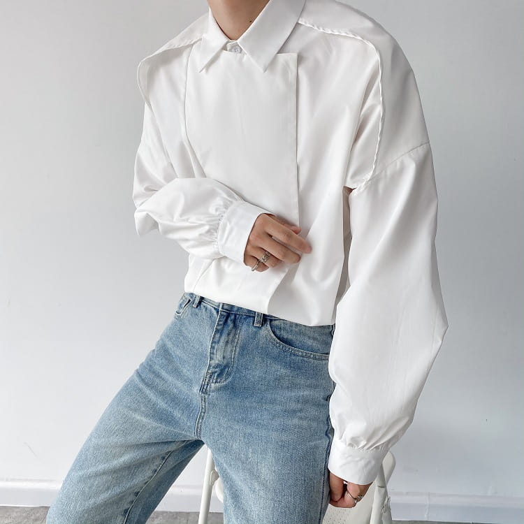 Men oversized long sleeve button up shirt in white featuring structured shoulders and an oversized fit.