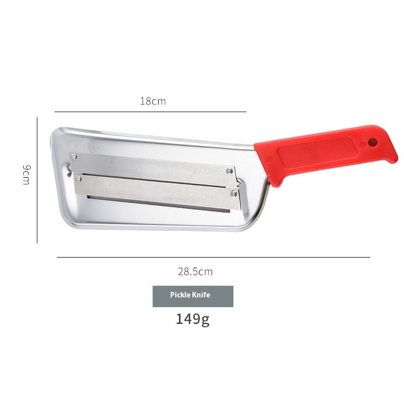 Red-handled stainless steel vegetable shredder slicer tool featuring a rectangular blade with dual cutting edges.
