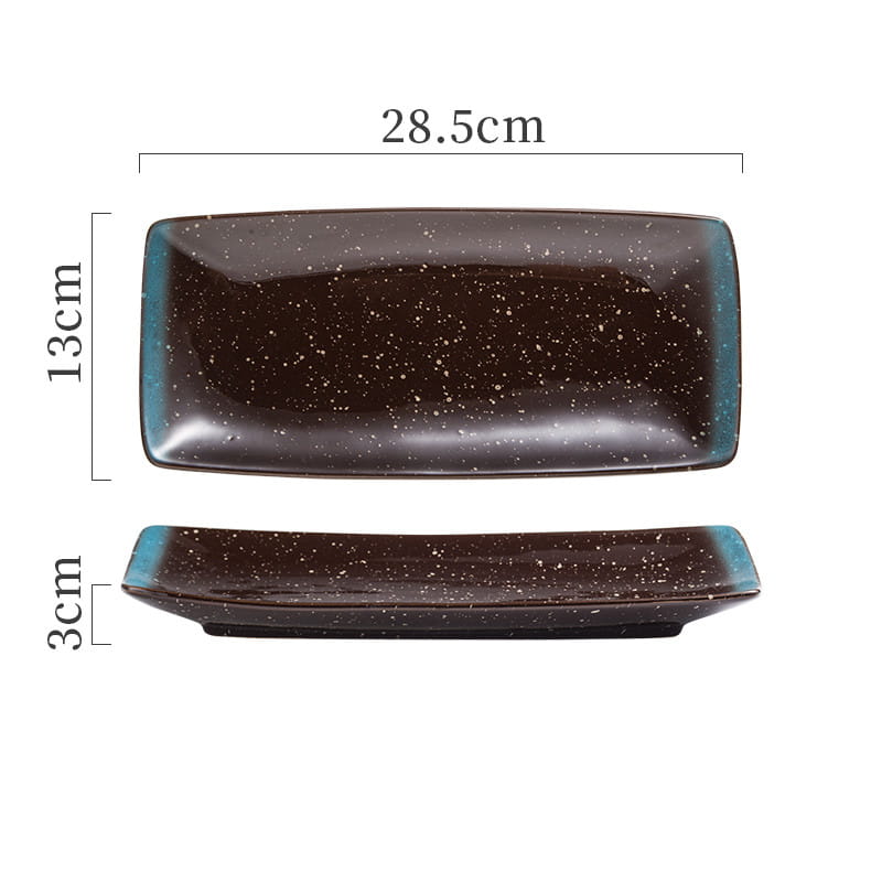Rectangular Japanese ceramic sushi plate with a dark brown speckled surface and teal blue rim ideal for serving.