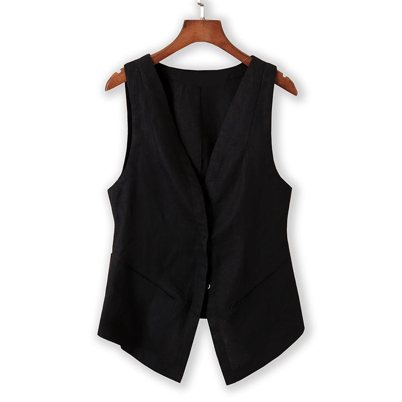 Black linen sleeveless vest with v neckline and front pockets hanging on a wooden hanger designed for casual wear.