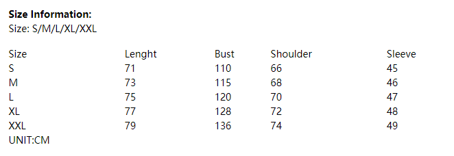 The size chart for women’s relaxed fit dropped shoulder button up shirt displays available sizes from s to xxl with measurements in centimeters for length, bust, shoulder, and sleeve.