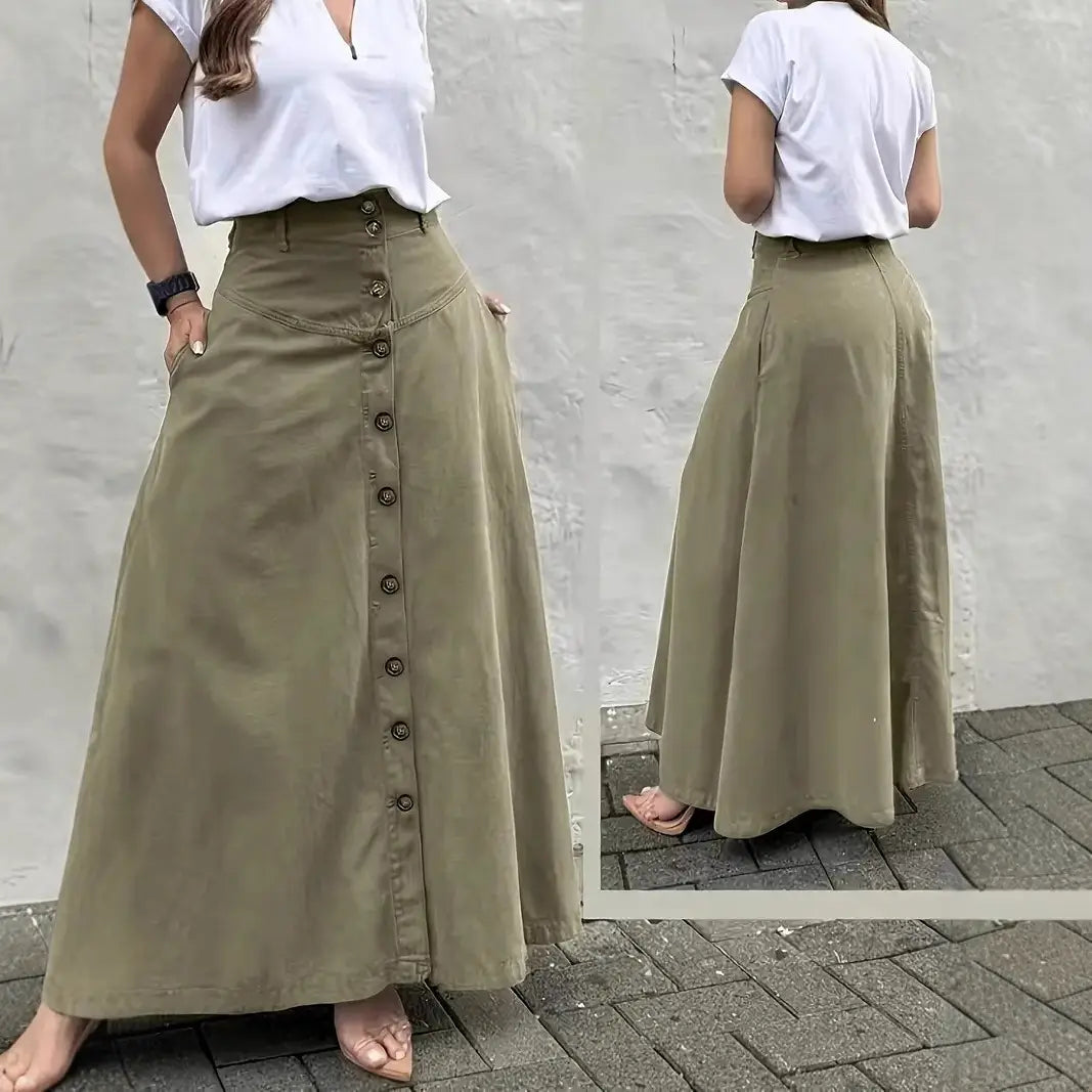 Jupe longue maxi vert olive à taille haute, avec fermeture boutonnée devant et poches latérales, réalisée dans un tissu léger, pour un usage décontracté.