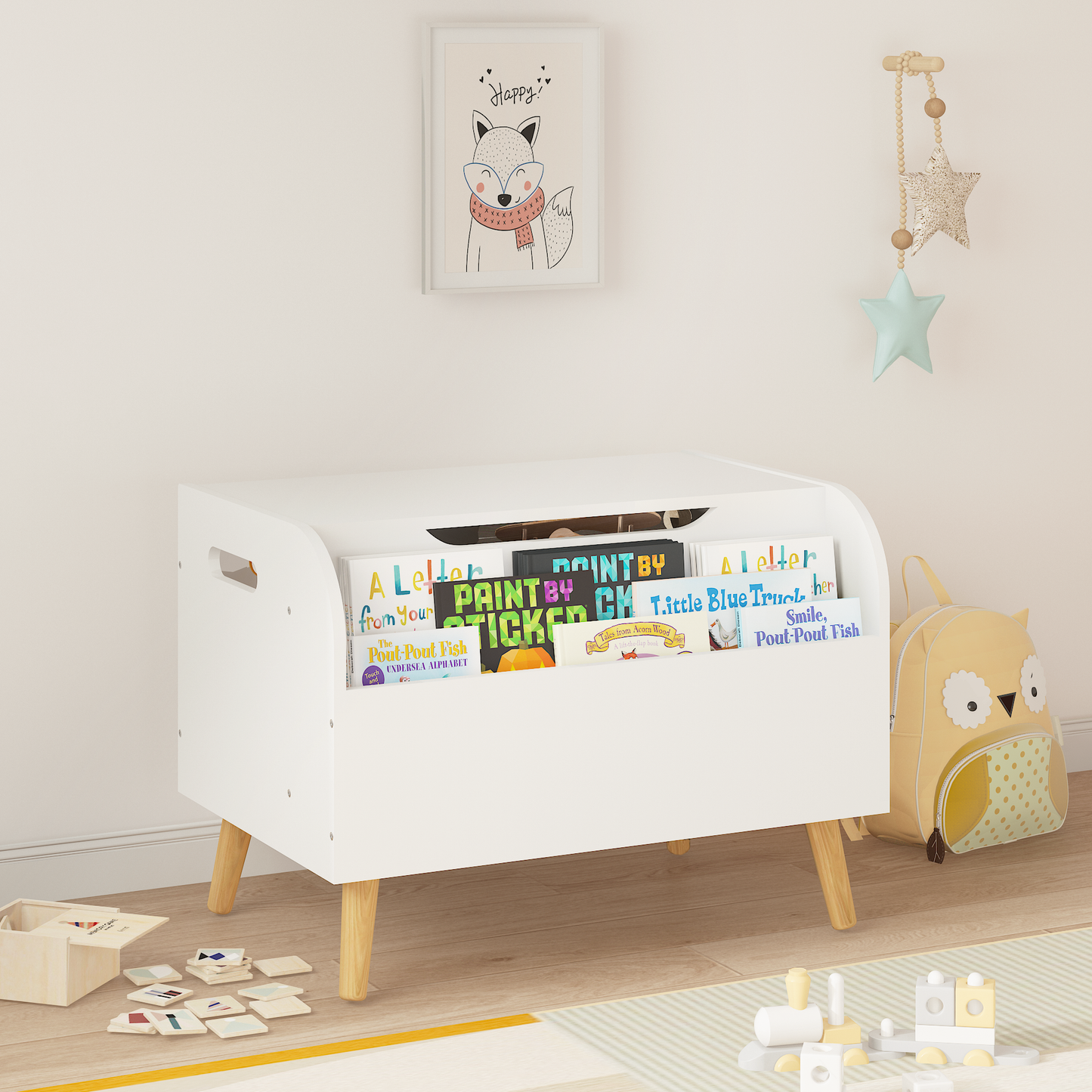 Wooden Toy Box, Kids Toy Storage Organizer With Front Bookshelf, Flip-Top Lid, Safety Hinge, Boys Girls Toy Chest Bench For Playroom Kids Room Organization White