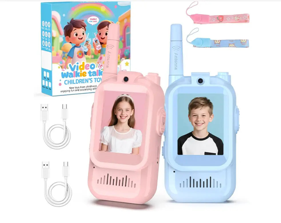 kids video walkie talkies 2 pack rechargeable intercoms in pink and blue featuring cartoon character displays for children.
