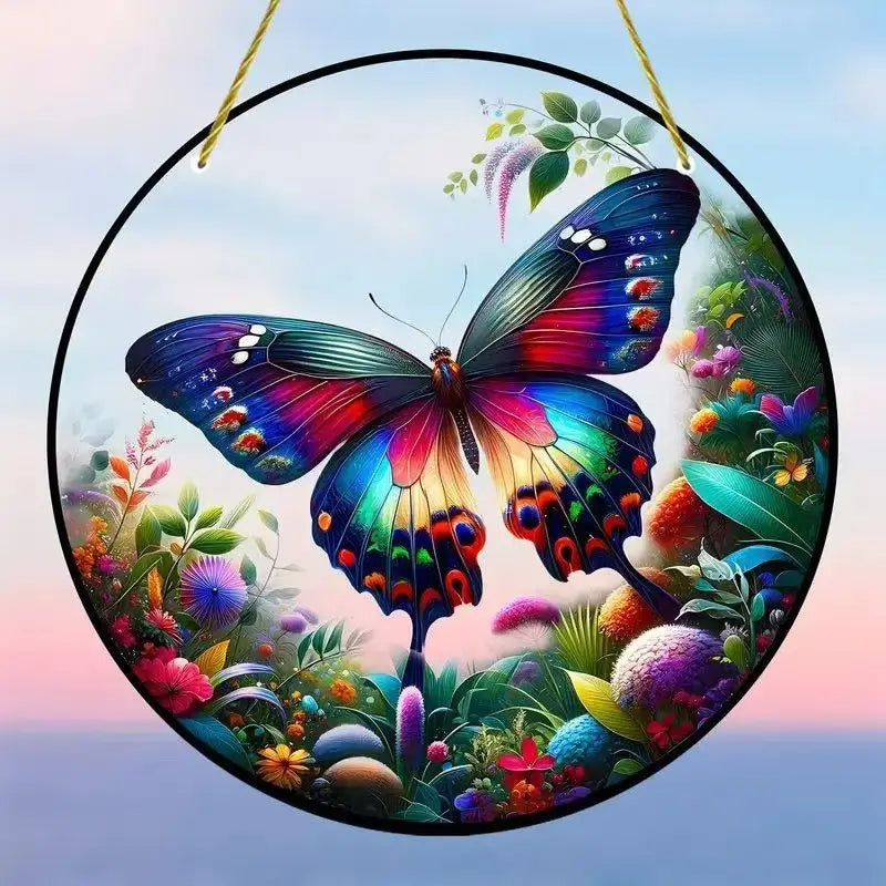 Butterfly acrylic wall art featuring a vibrant iridescent butterfly with multicolored wings and intricate patterns hanging in a circular decorative frame.