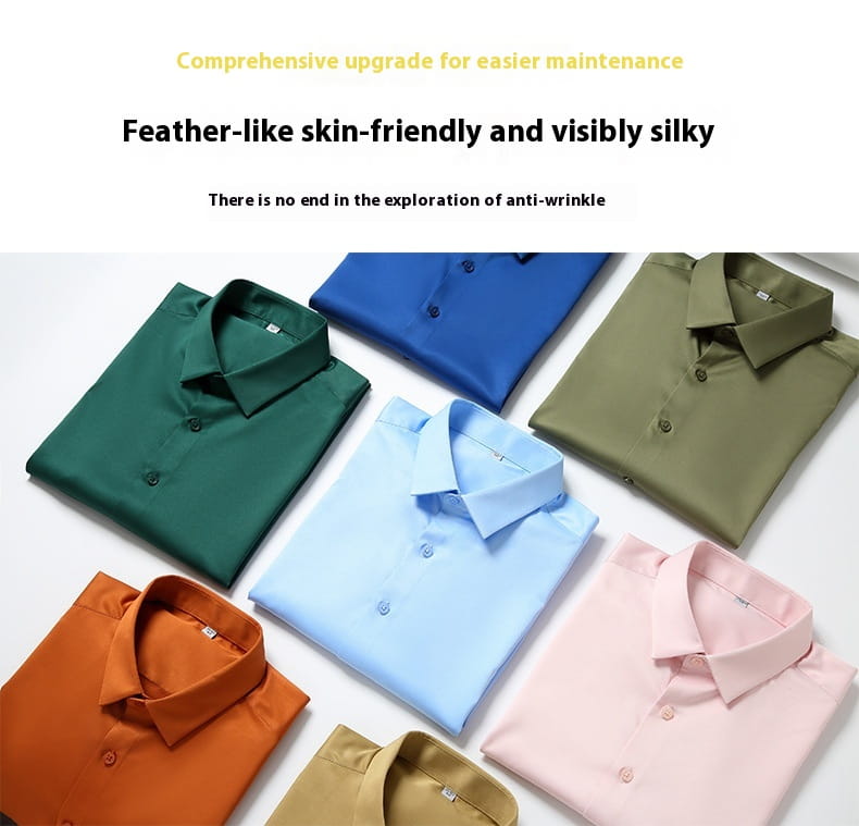 Collection de chemises habillées en soie pour homme à manches longues, pliées avec soin, dans un tissu à l’aspect léger, agréable pour la peau et visiblement soyeux, en couleurs unies, notamment vert, bleu, olive, orange, bleu clair, rose et beige.