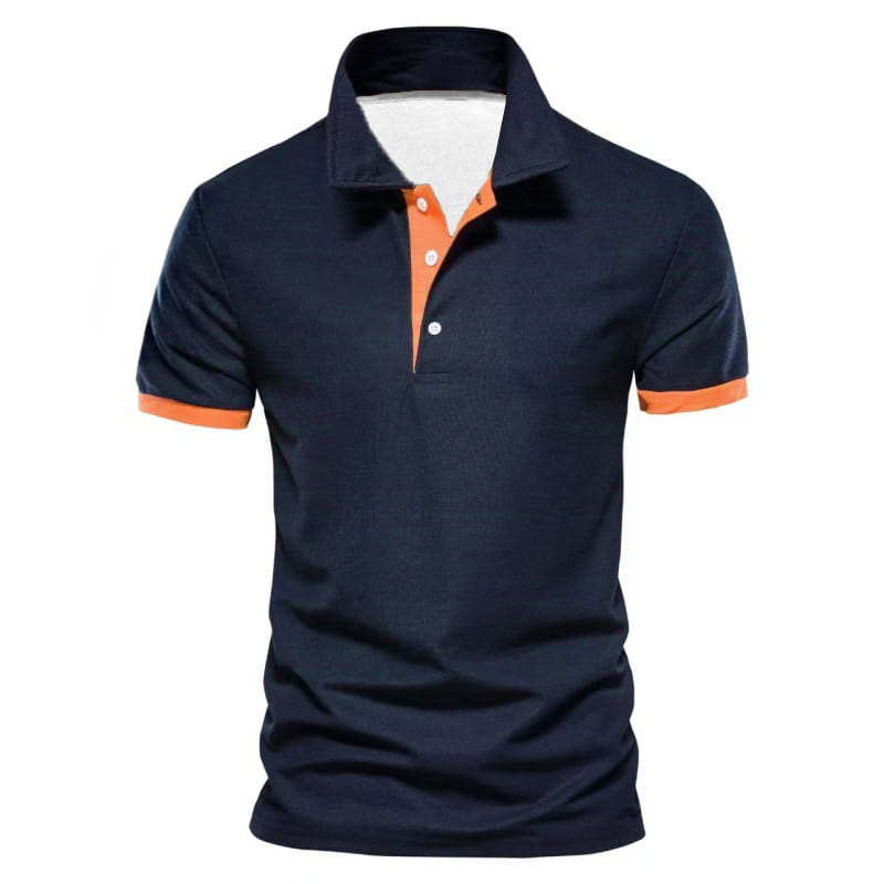 Dunkelblaues Herren-Poloshirt mit Farbblock-Kurzarm mit orangefarbenem Besatz an der Kragenknopfleiste und an den Ärmelabschlüssen.