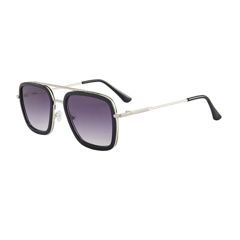 Silver-framed retro square double bridge unisex fashion aviator sunglasses with black temple tips and gradient purple lenses.