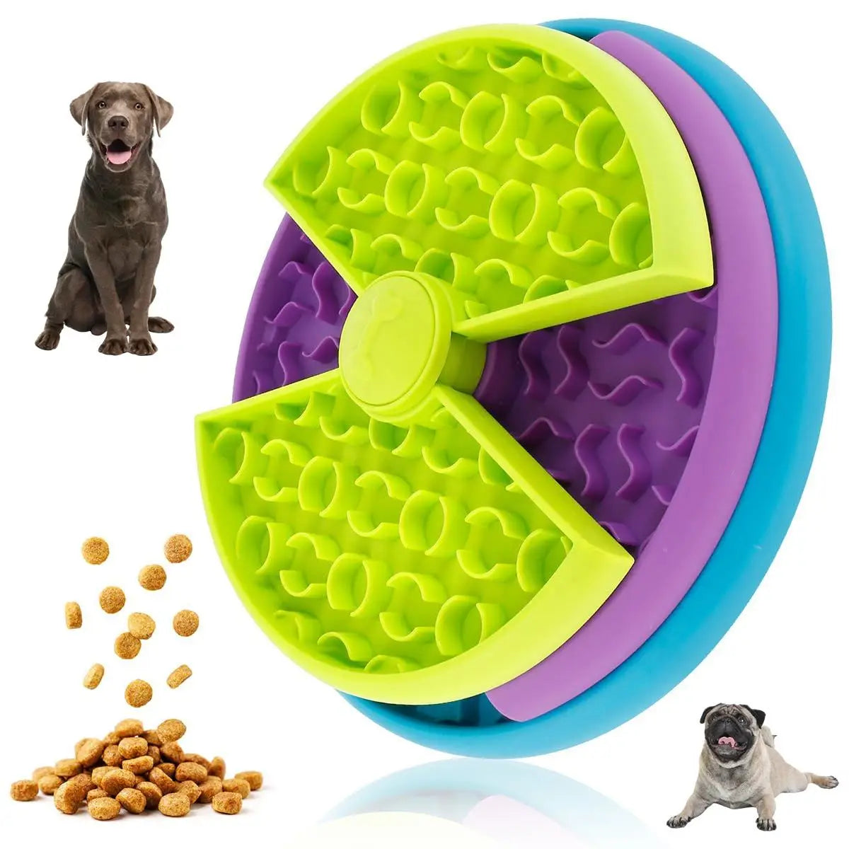 Distributeur d’aliments à alimentation lente multicolore pour chiens, en silicone, présentant un design segmenté vert citron et violet, avec des compartiments texturés pour le puzzle distributeur pour chien 3-en-1 et le bol à alimentation lente pour tapis à lécher.