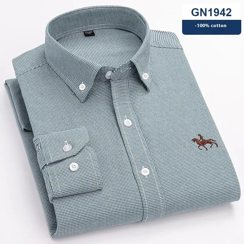 A light blue and white houndstooth patterned men’s cotton button-down shirt with a small embroidered horse logo on the left chest.