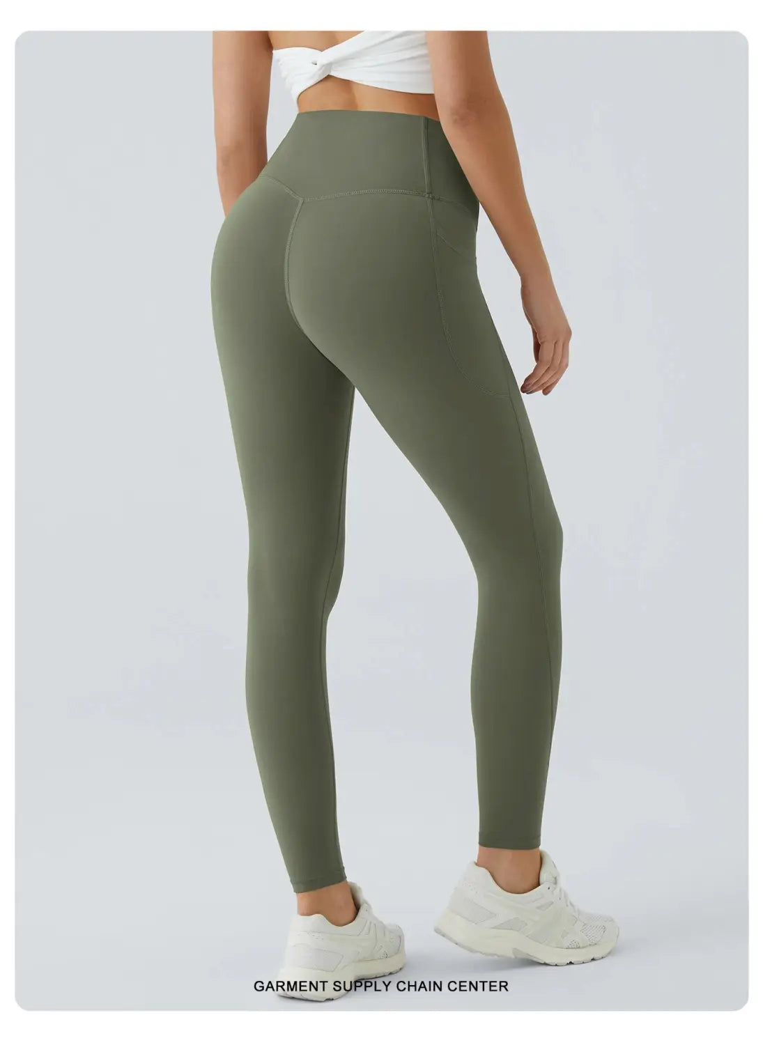 Olivegrüne Yoga-Hose mit hoher Taille und Taschen hinten aus elastischem Material, entworfen für komfortables Training und legere Kleidung