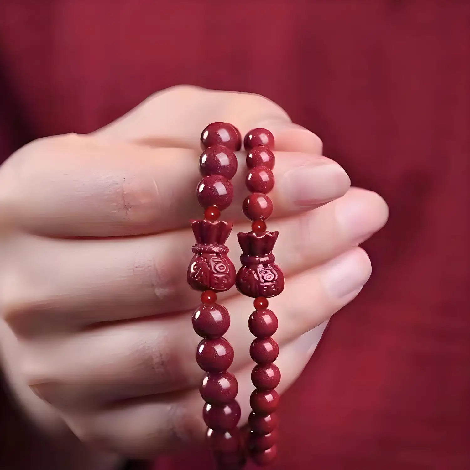 A handcrafted cinnabar lotus and calabash beaded bracelet with deep red polished wooden beads and intricately carved money pouch charms.