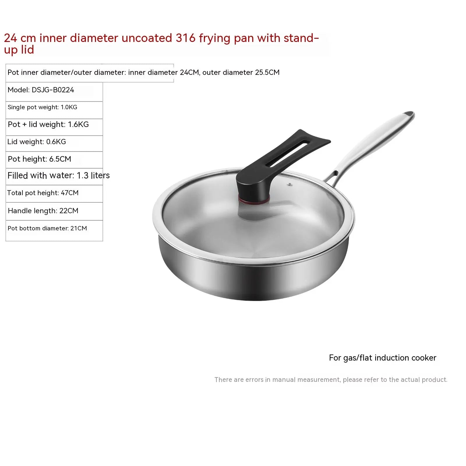 316l stainless steel frying pan with 24 cm inner diameter uncoated surface black handle and stand-up glass lid
