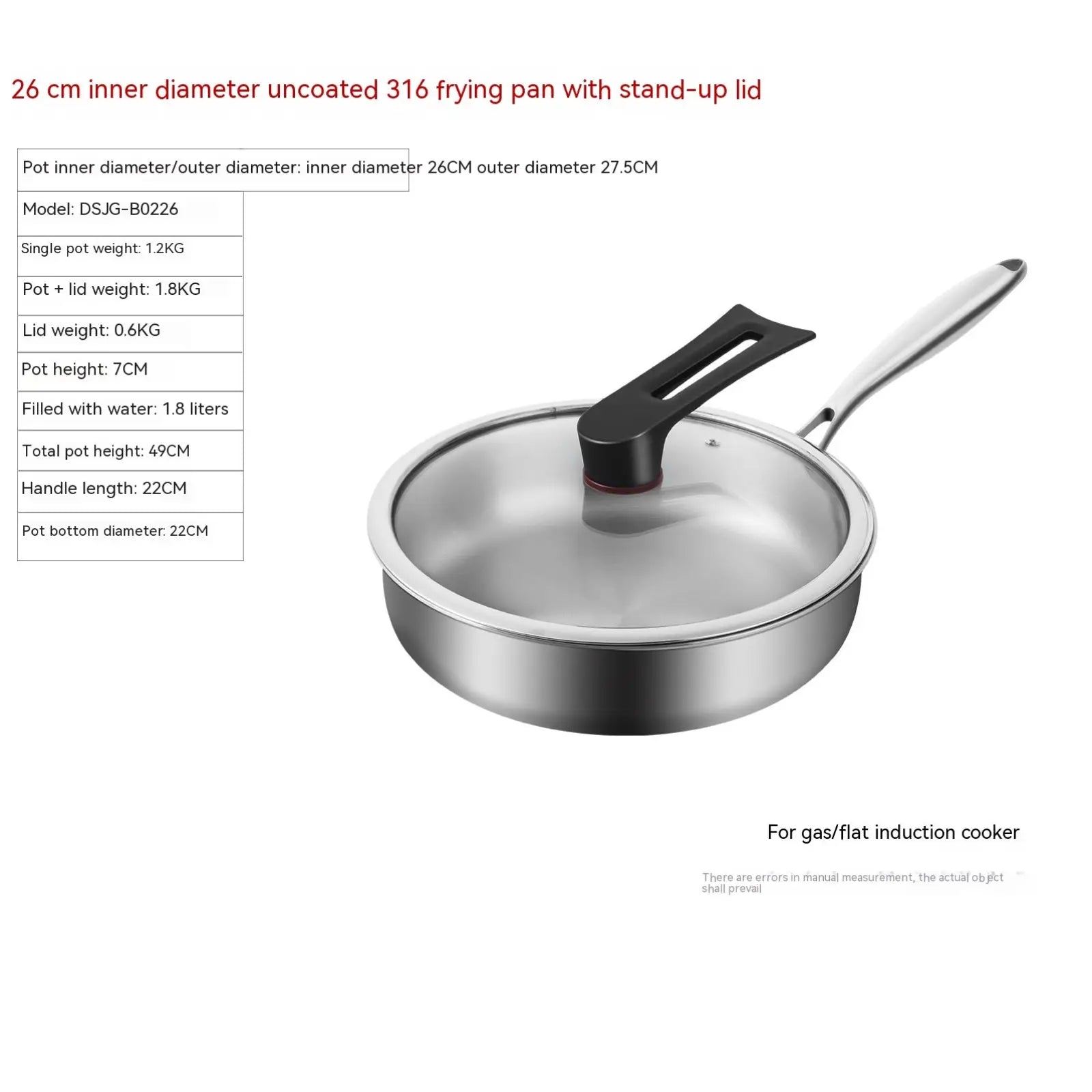 316l stainless steel frying pan 26 cm inner diameter with sleek silver body black handle and transparent glass lid