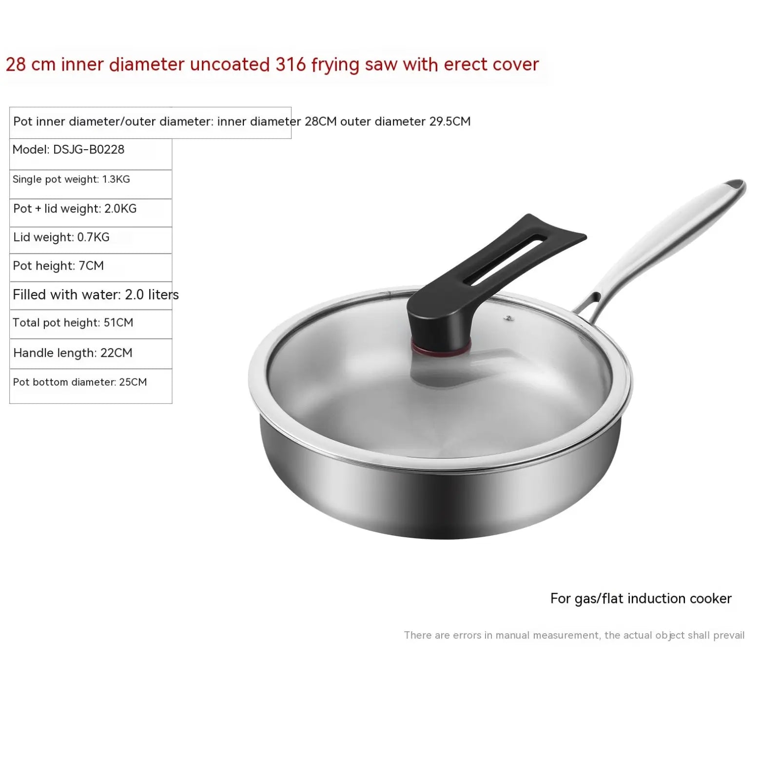 316l stainless steel frying pan with 28 cm uncoated inner diameter black handle and erect glass lid