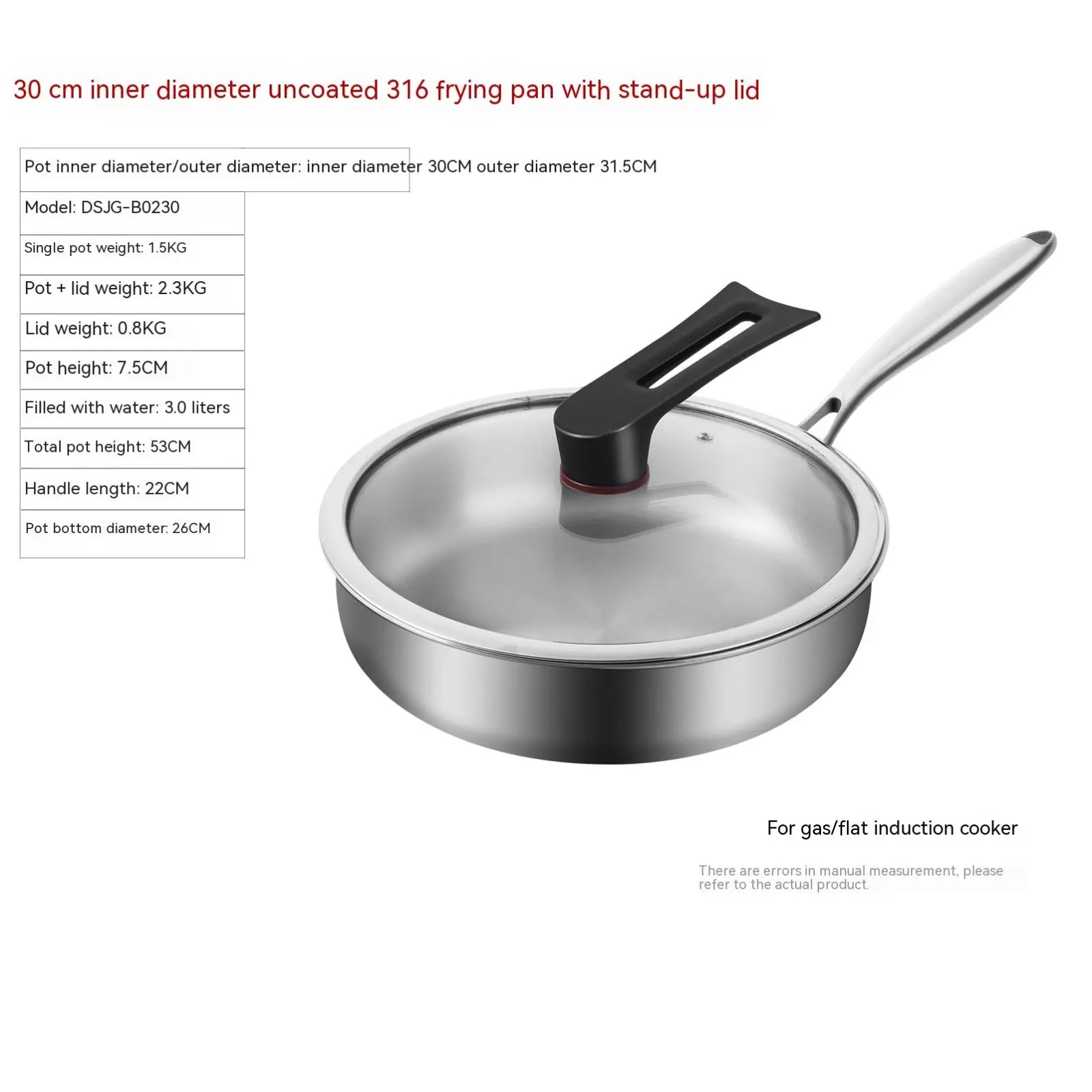 316l stainless steel frying pan 30 cm with sleek silver body black handle and transparent glass stand-up lid