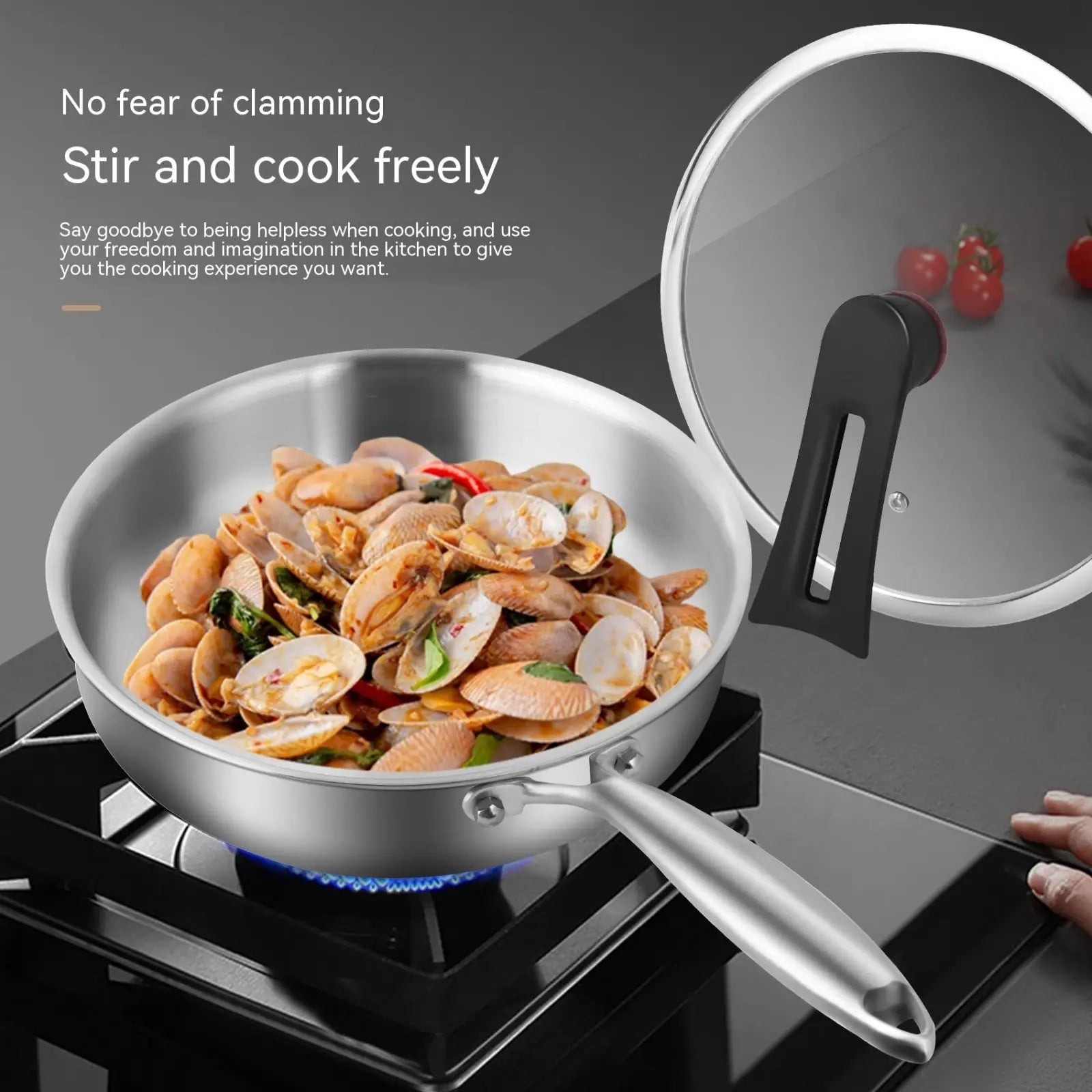 316l stainless steel frying pan with glass lid black handle filled with cooked clams for versatile cooking