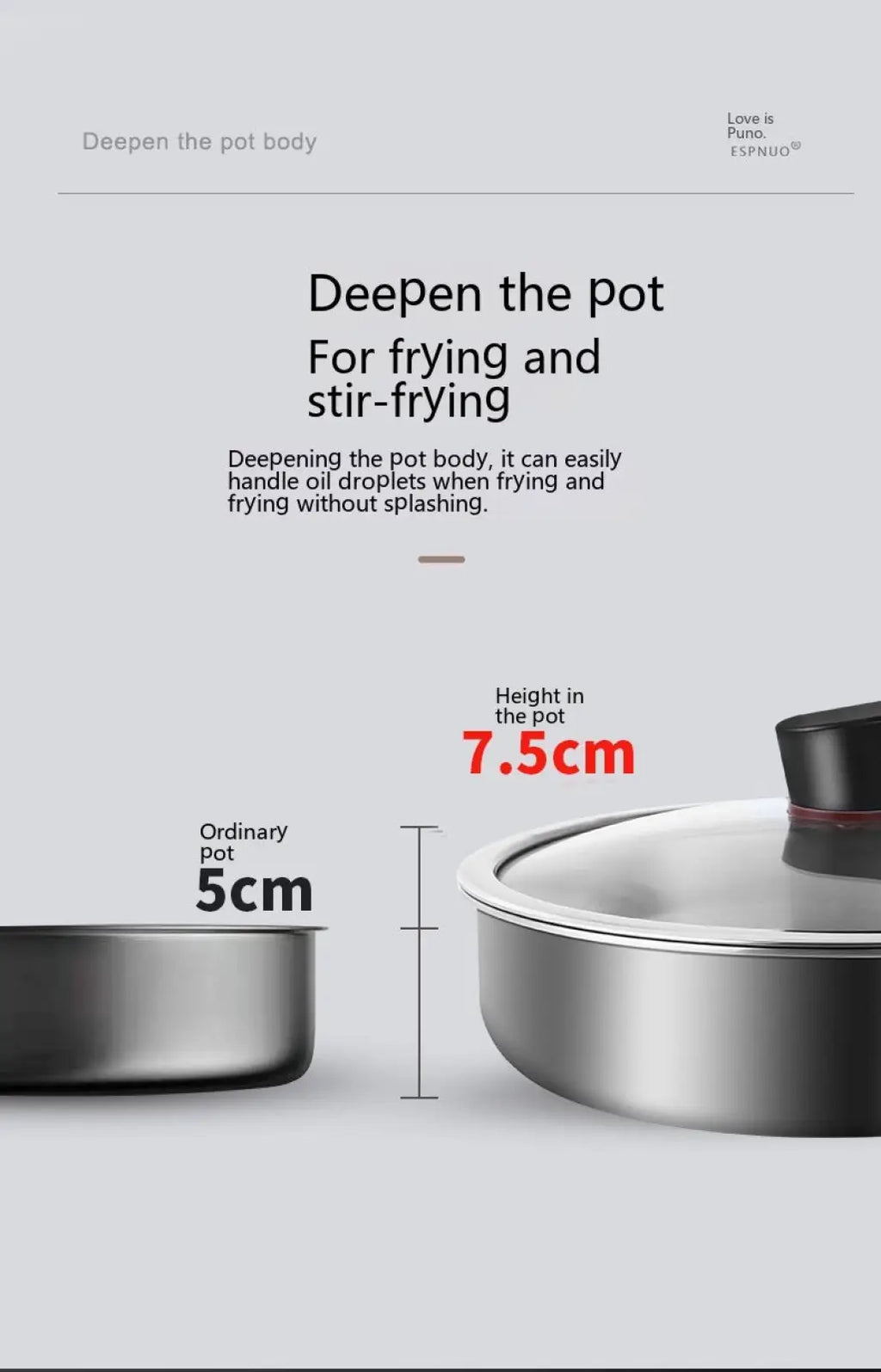 316l stainless steel frying pan with black glass lid and red sealing ring designed for stir-frying