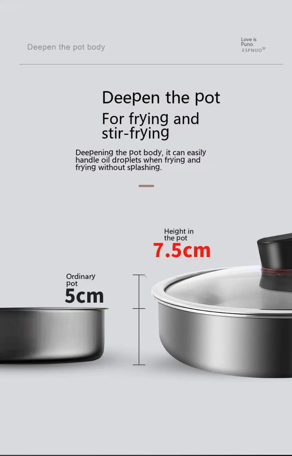 316l stainless steel frying pan with black glass lid and red sealing ring designed for stir-frying