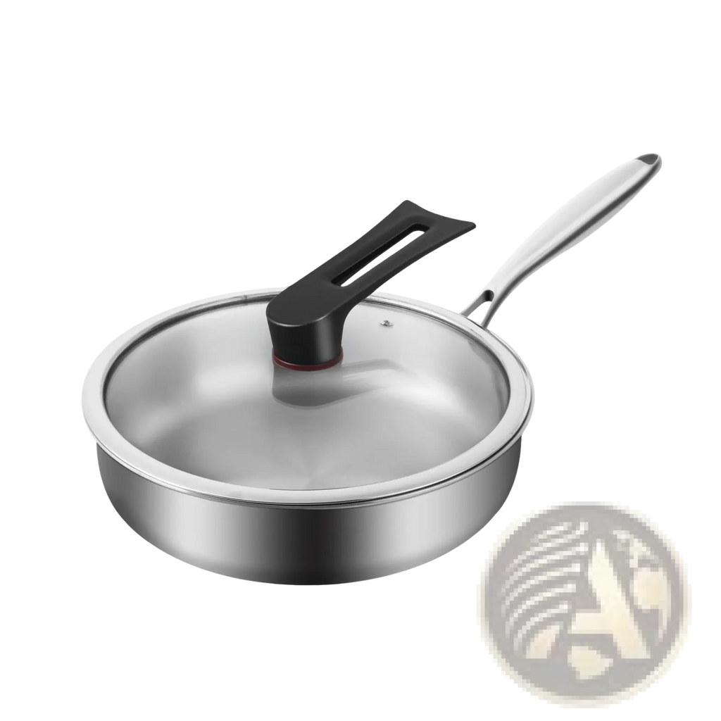 316l stainless steel frying pan with clear glass lid and black plastic handle for versatile cooking use