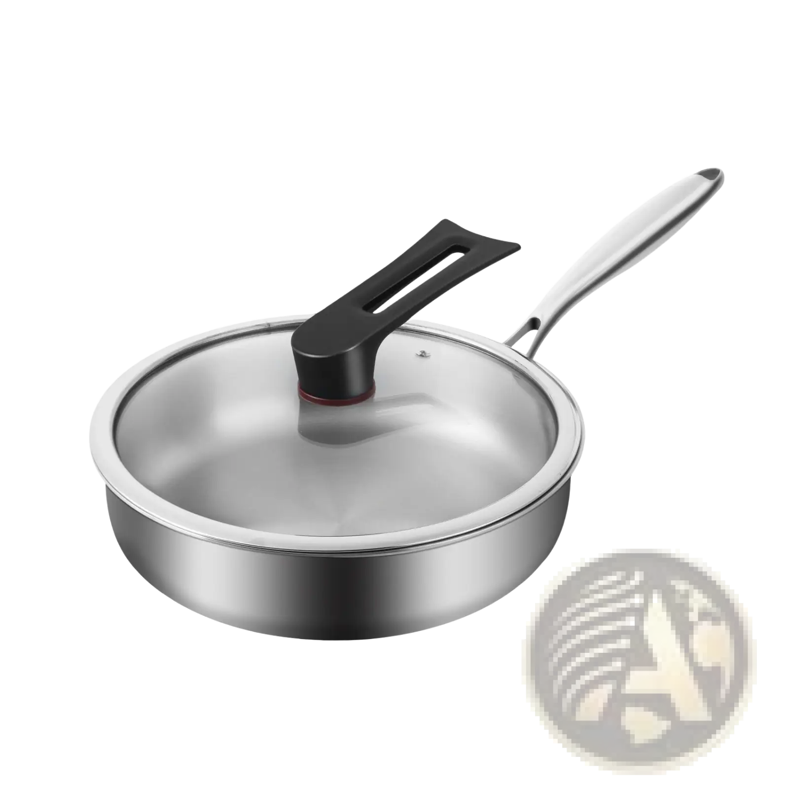 316l stainless steel frying pan with clear glass lid and black plastic handle for versatile cooking use