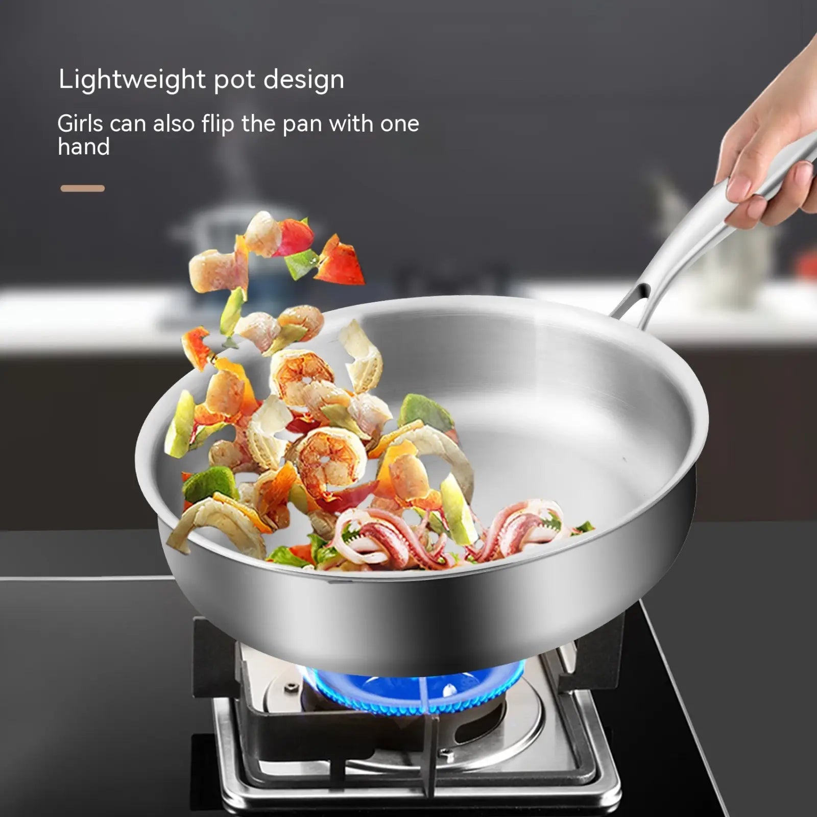 Silver 316l stainless steel frying pan with glass lid featuring a sleek design and ergonomic handle