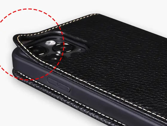 Black leather wallet case for iPhone 16 15 14 13 12 11 with white stitching and camera cutout showing the back side.