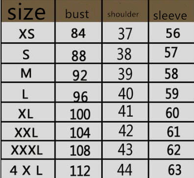 Le tableau des tailles de la veste en cuir matelassé avec col en fausse fourrure présente diverses tailles, avec les mesures correspondantes de poitrine, d’épaule et de manche en centimètres.