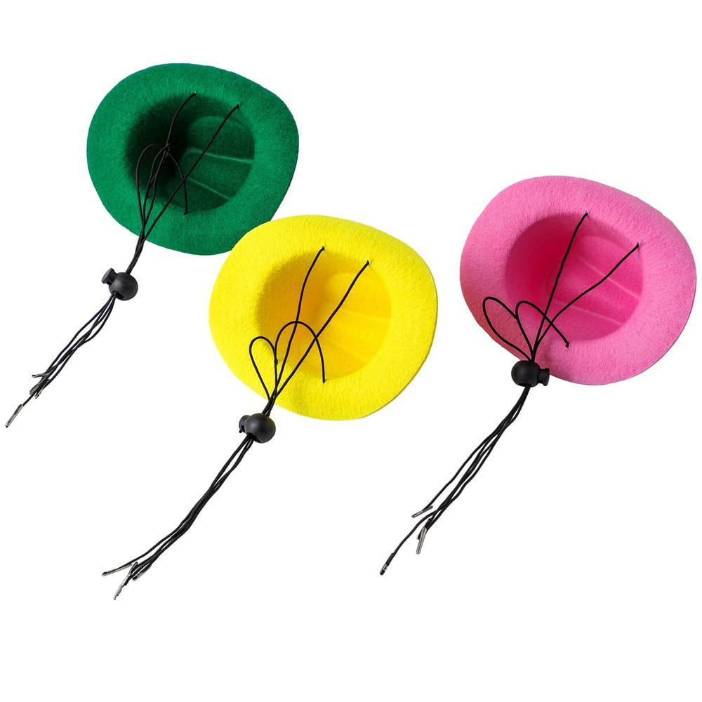 Three colorful pet cowboy hats made of soft felt in green yellow and pink with black drawstrings and beads for dogs and cats.