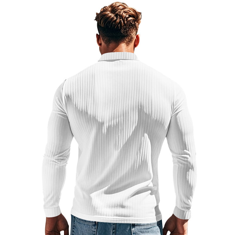 Herren-Poloshirt mit geripptem Langarm in Weiß mit taillierter Strukturoptik und einem gerippten Langarm-Turtleneck-Stil.