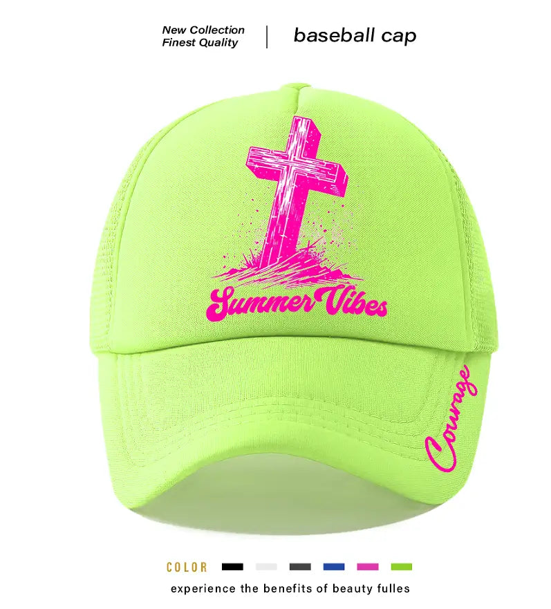 Vibrant lime green baseball cap featuring a bold pink cross and summer vibes text with splatter design accented by the word courage scripted along the brim.