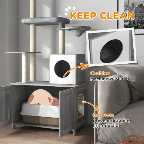 Arbre à chat Pawhut gris à plusieurs niveaux du sol au plafond avec coussin blanc et enceinte grise intégrée pour bac à litière, destinée à l’usage de l’animal