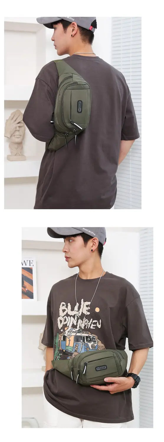 Olive green tactical style men’s waterproof nylon multifunctional crossbody waist bag with multiple compartments and a sleek minimalist design.