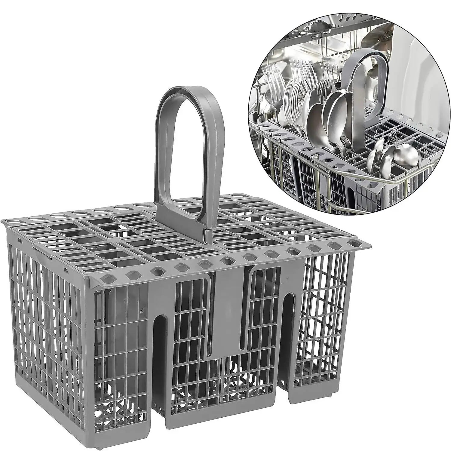 Gray plastic dishwasher cutlery basket with handle and grid design compatible with Hotpoint and Indesit dishwashers.