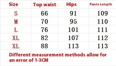 L’image présente un tableau de mesure de la taille pour des jeans en denim à taille haute évasée, indiquant des tailles allant de petite à très grande avec la circonférence de taille, la circonférence de hanche et la longueur du pantalon en centimètres.